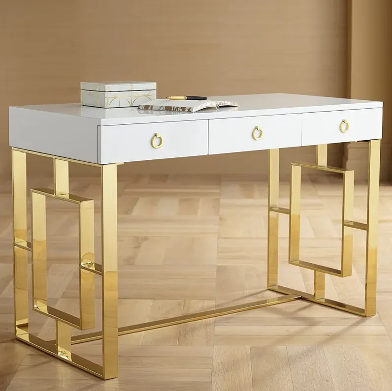 Baccarat 47" Wide White Lacquer and Gold Writing Desk