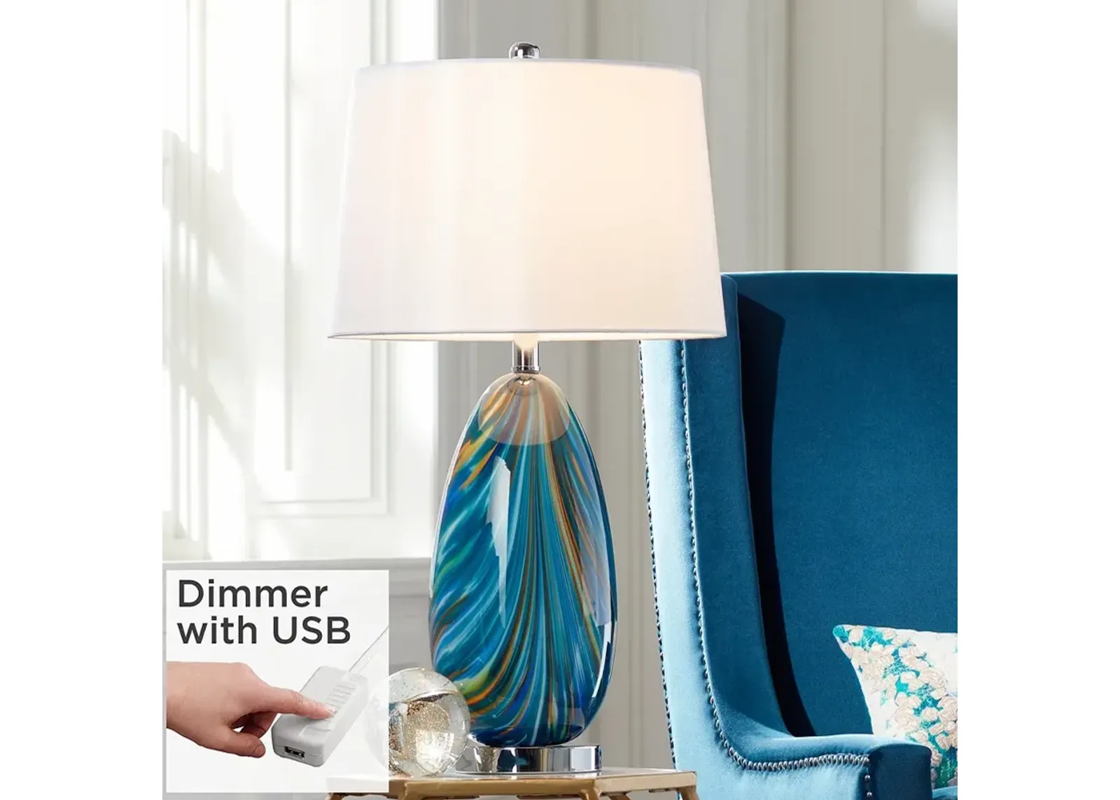 Possini Euro Pablo 27" High Blue Art Glass Table Lamp with USB Dimmer