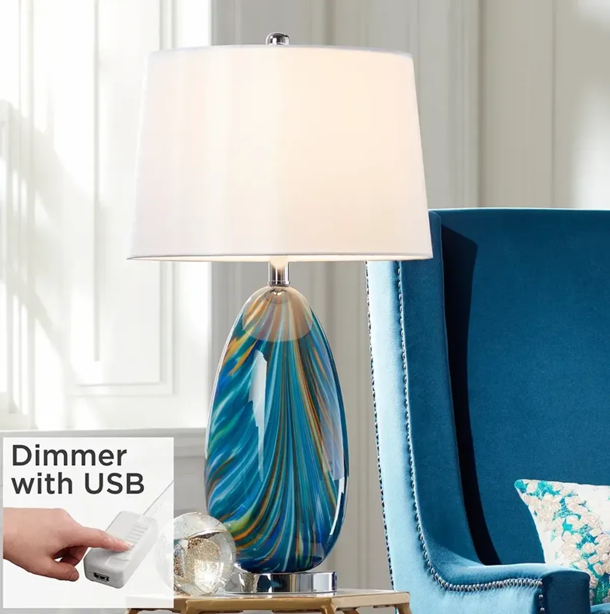 Possini Euro Pablo 27" High Blue Art Glass Table Lamp with USB Dimmer