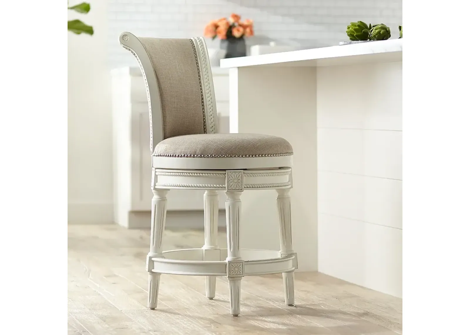 Oliver 24 1/2" Cream Fabric Scroll Back Swivel Counter Stool