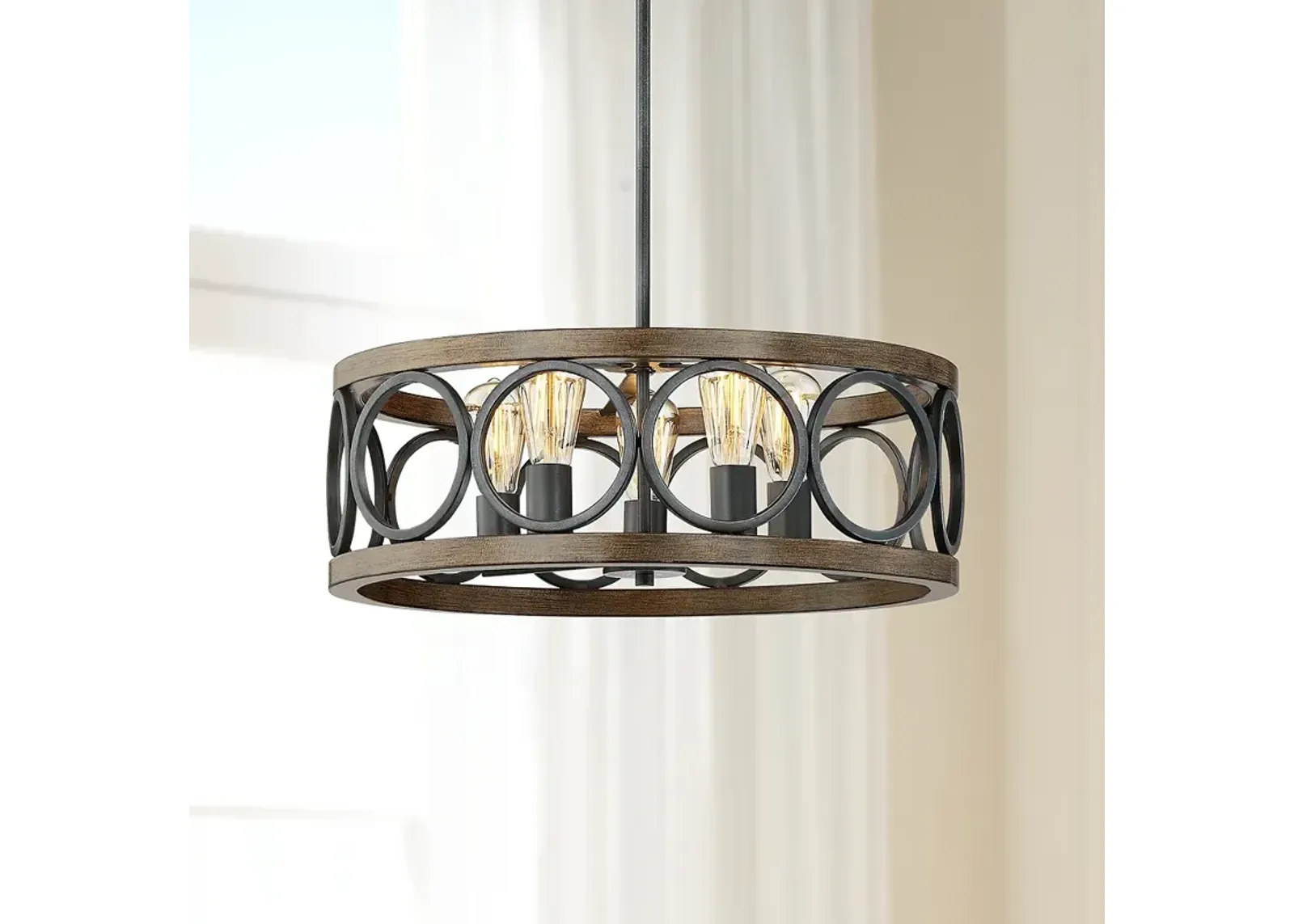 Franklin Iron Salima 21 1/4" Bronze and Wood 5-Light Round Chandelier