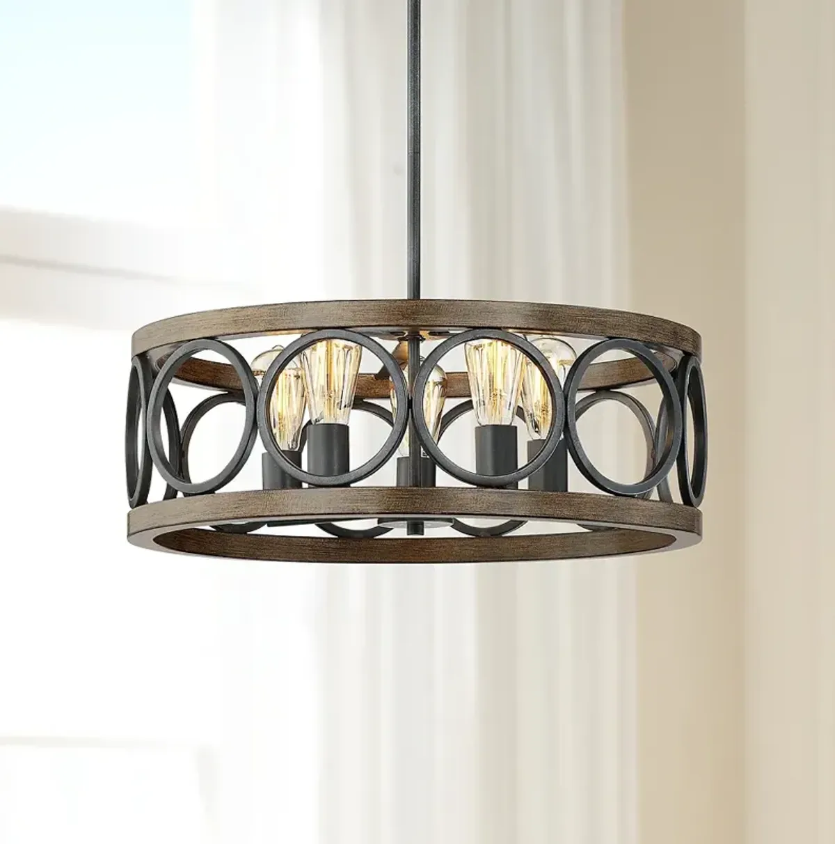 Franklin Iron Salima 21 1/4" Bronze and Wood 5-Light Round Chandelier