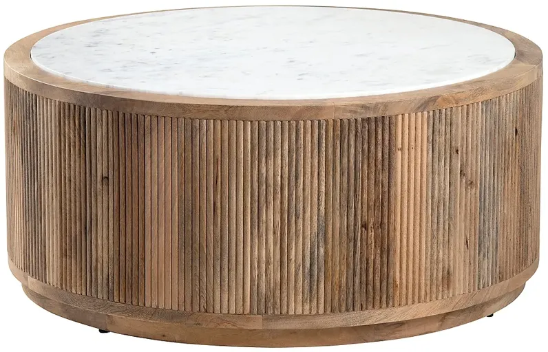 Santorini 40" Wide White Marble Brown Wood Cocktail Table