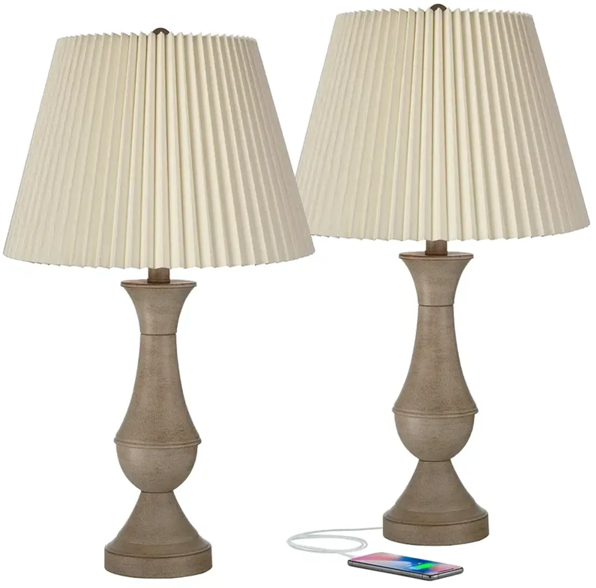 Regency Hill Avery 25" Faux Wood and Ivory Touch USB Lamps Set of 2