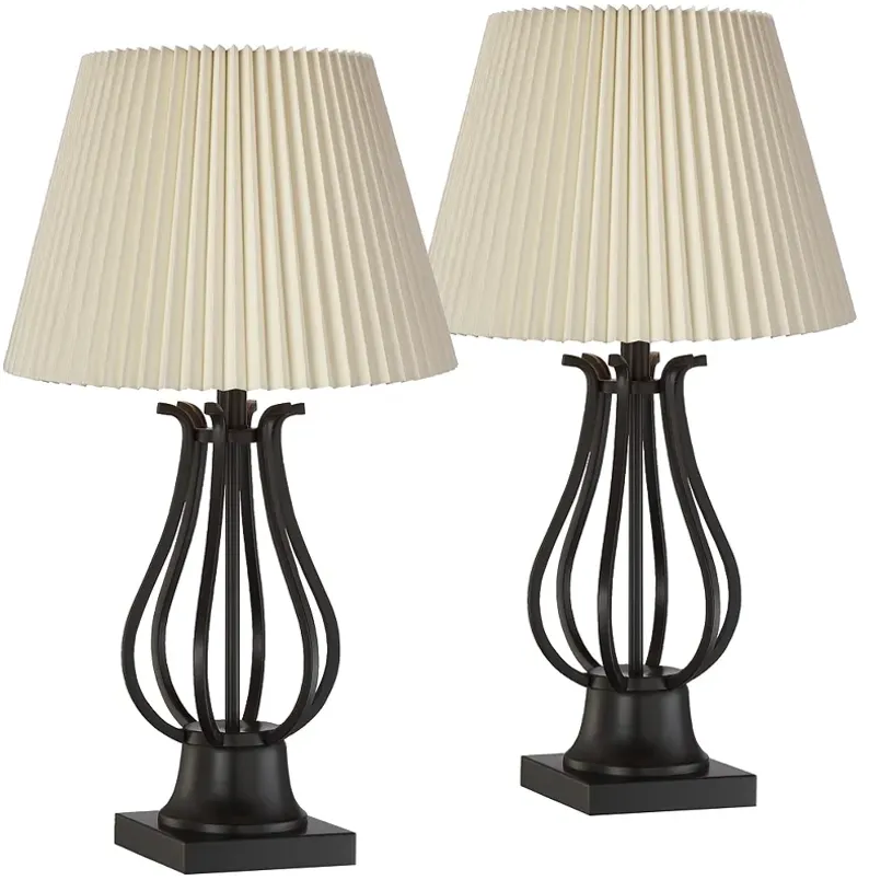 Hadley Bronze Outlet Table Lamps with Ivory Linen Pleat Shades Set of 2