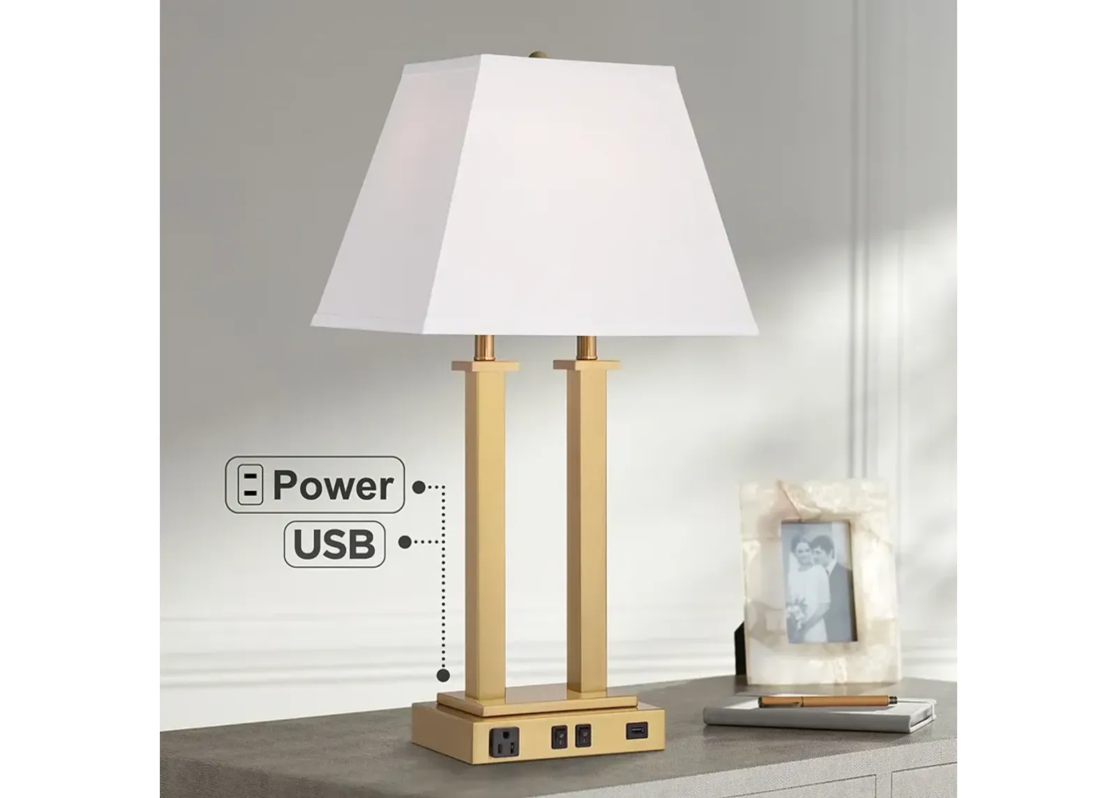 Possini Amity Warm Brass 26" High Desk Lamp with USB Port and Outlet