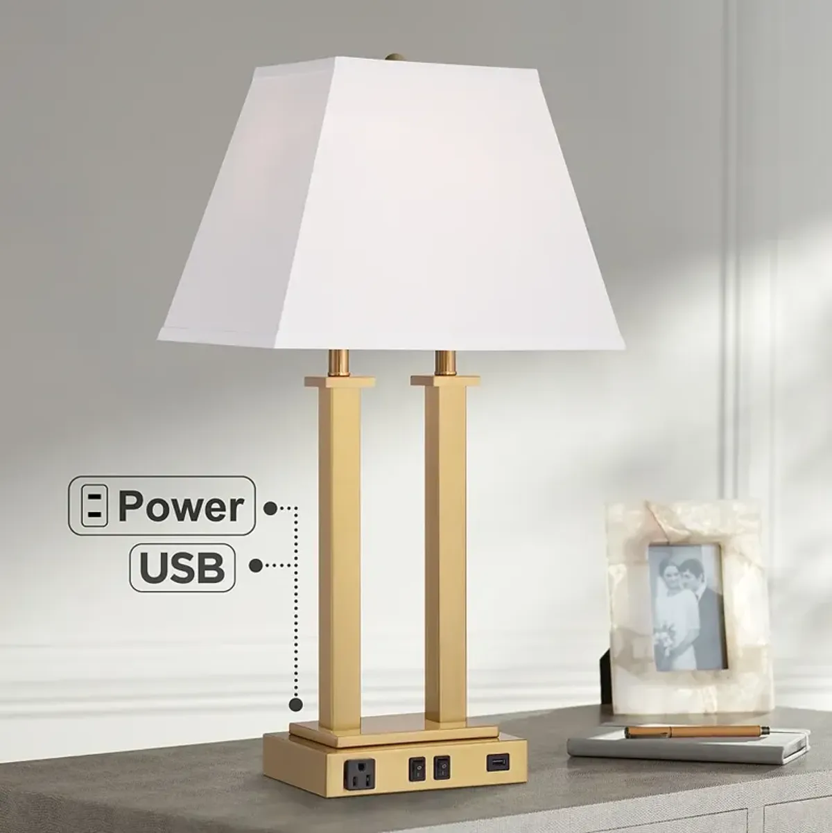 Possini Amity Warm Brass 26" High Desk Lamp with USB Port and Outlet