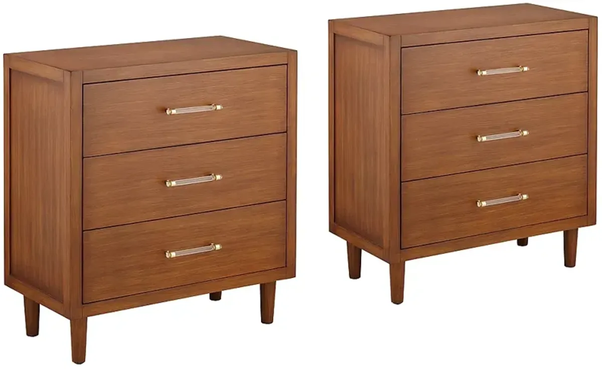 Ollie 32" Wide Brushed Teak 3-Drawer Cabinets Set of 2
