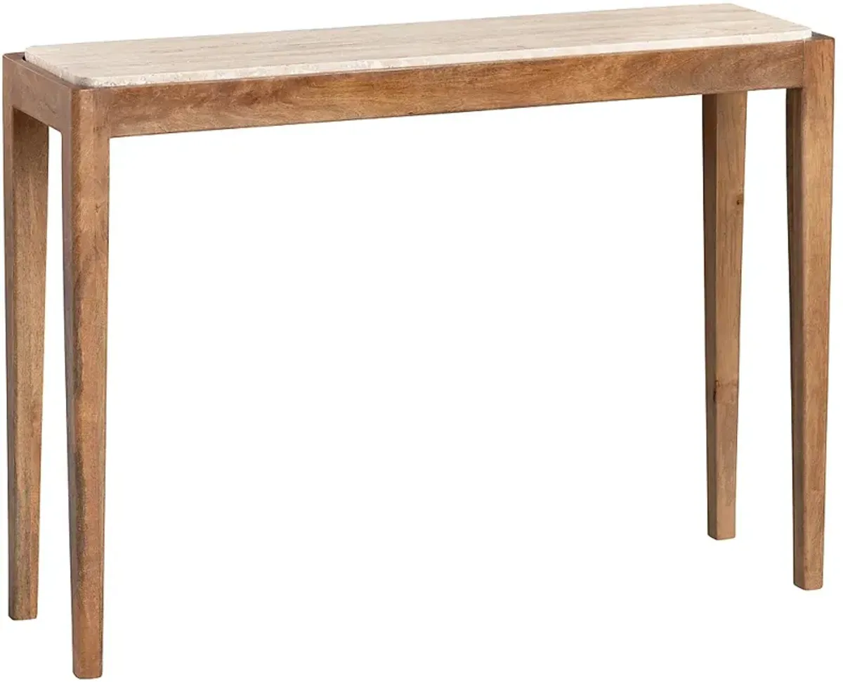 Liam 42"W Natural Mango Wood Console Table w/ Travertine Top