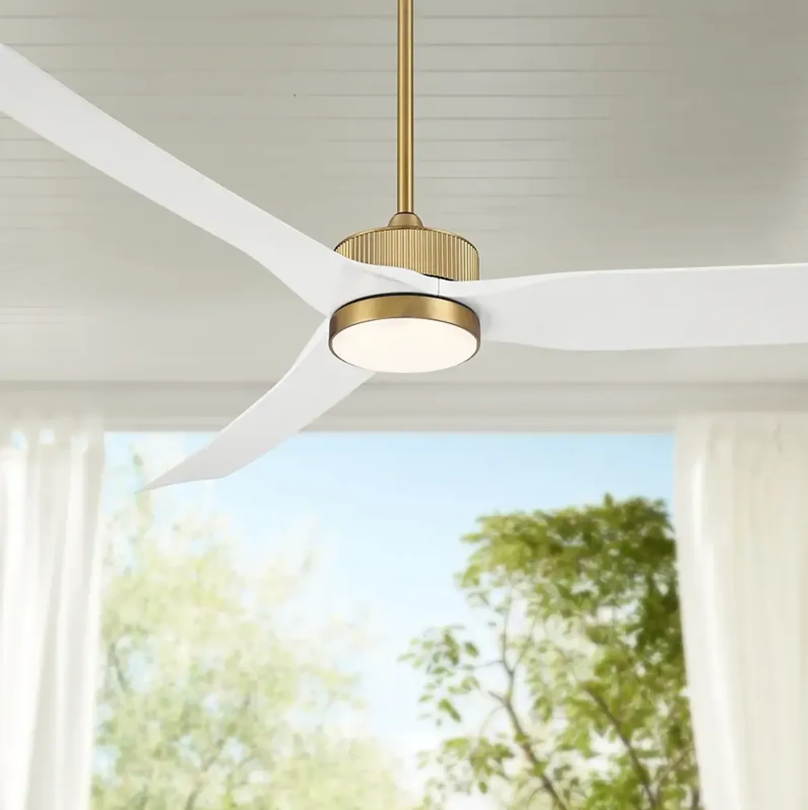 60" Casa Vieja Montage Soft Brass LED Damp Rated Fan with Remote