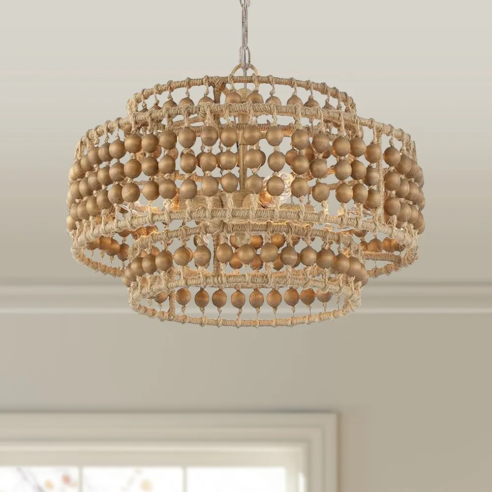 Silas 16" Wide Sand Steel Wood Beads 4-Light Chandelier