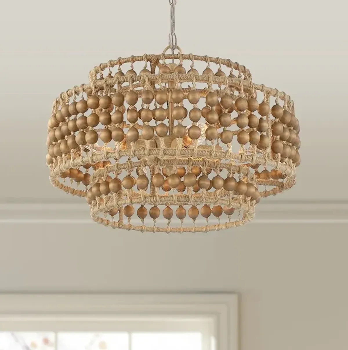 Crystorama Silas 16" Wide Sand Steel Wood Beads 4-Light Chandelier