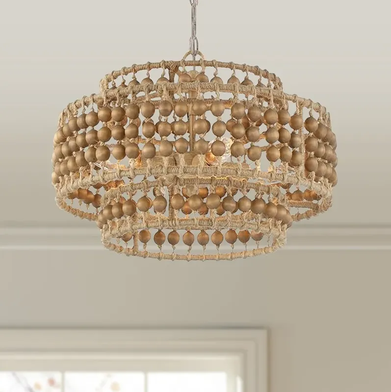 Silas 16" Wide Sand Steel Wood Beads 4-Light Chandelier