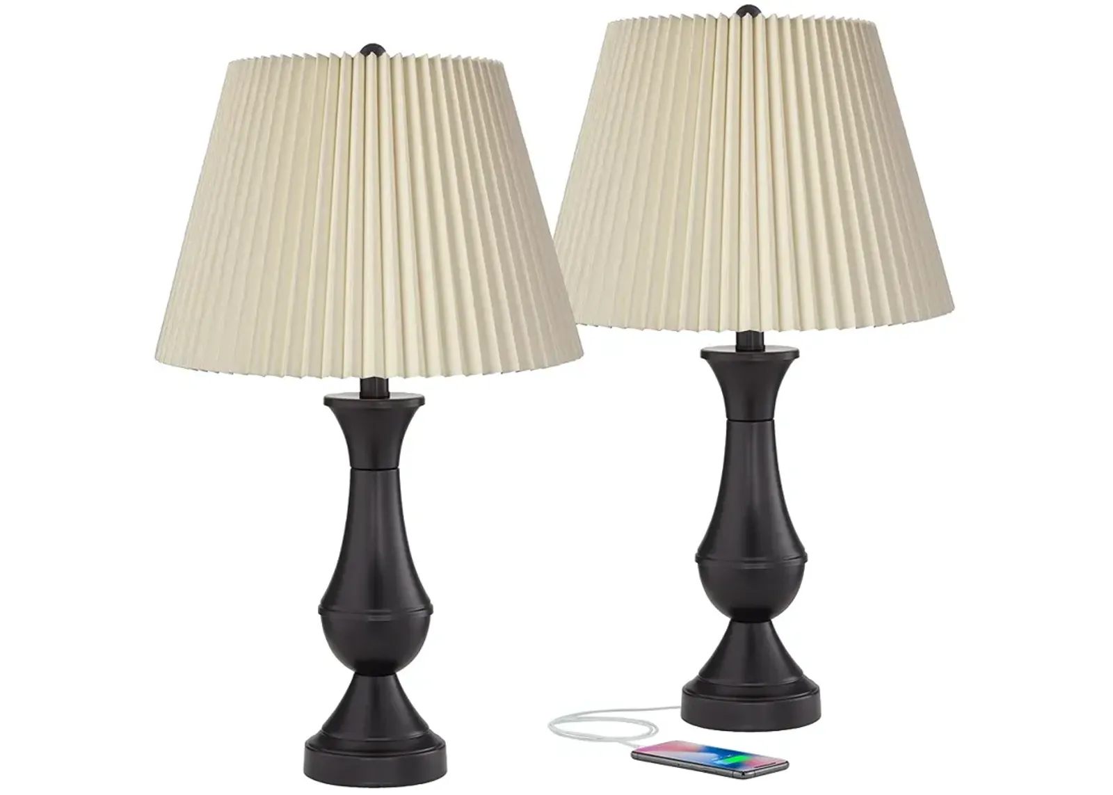 Blakely Bronze LED Touch Lamps with USB Ports and Pleated Shades- Set of 2