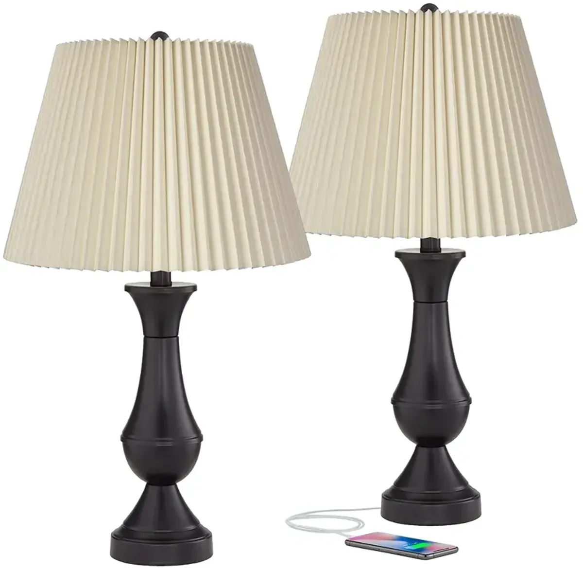 Blakely Bronze LED Touch Lamps with USB Ports and Pleated Shades- Set of 2