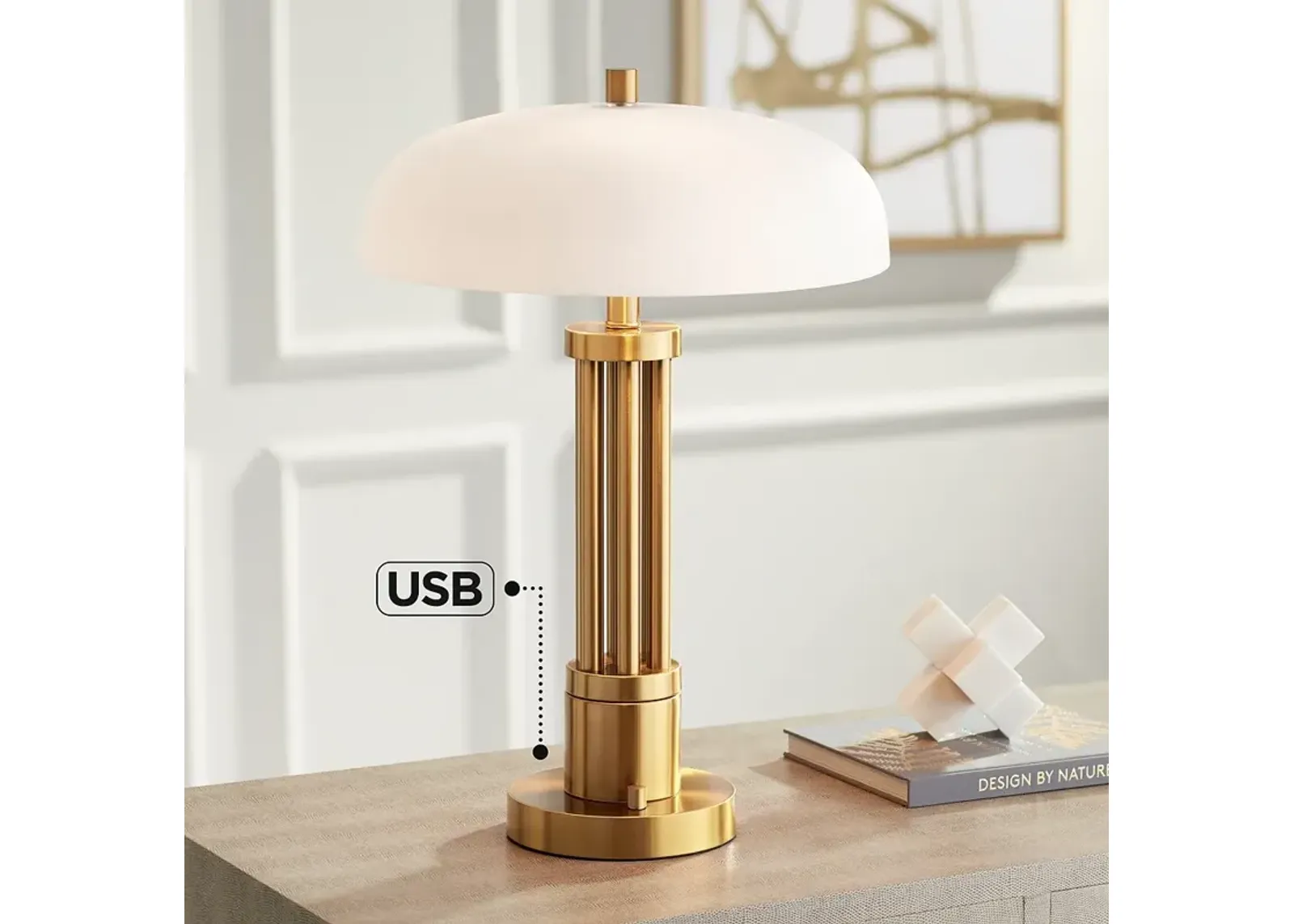 Possini Euro Granview 23" Brass and Dome Glass Dual USB Lamp