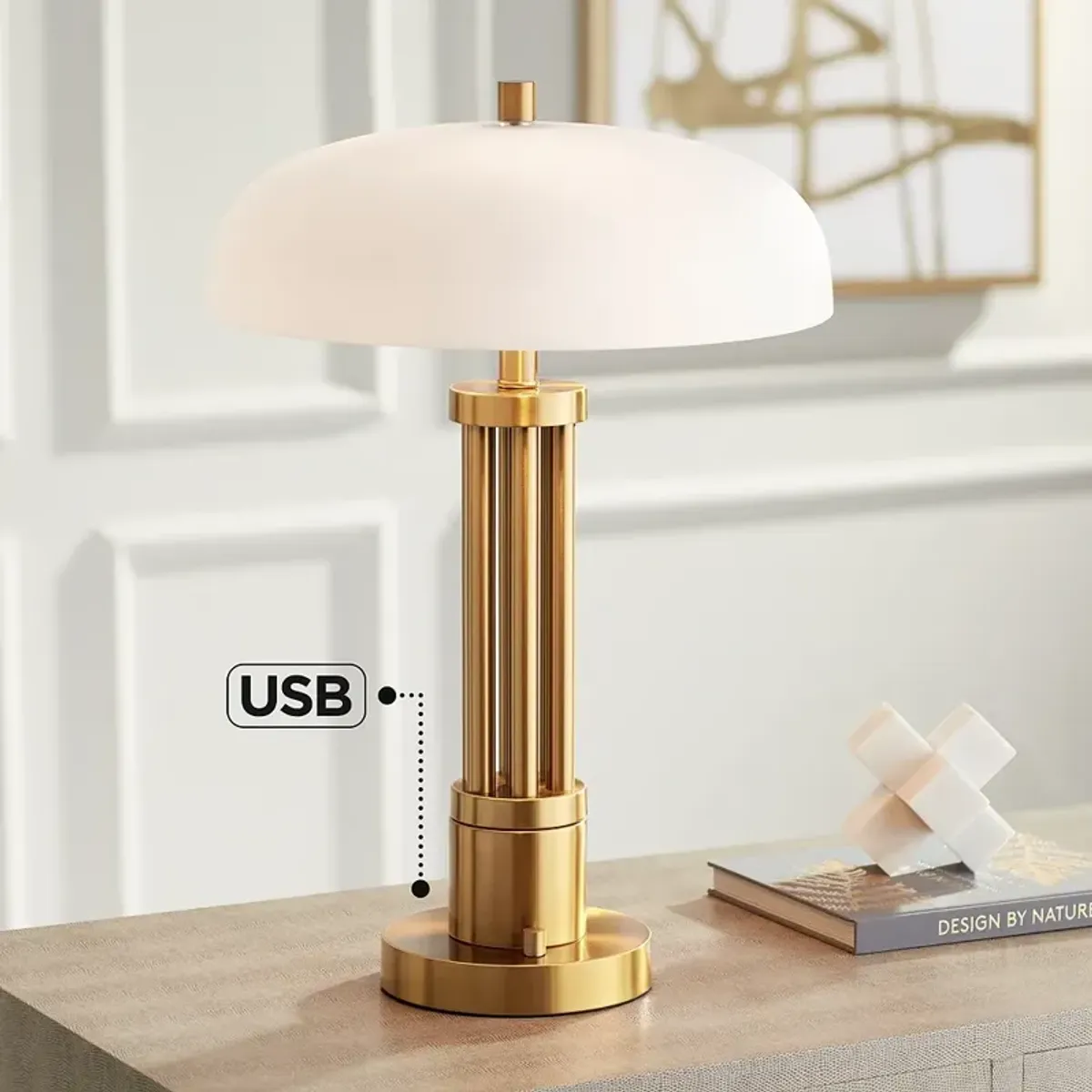 Possini Euro Granview 23" Brass and Dome Glass Dual USB Lamp