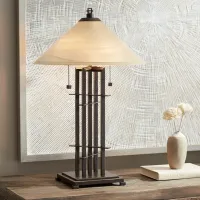 Franklin Iron Works Bronze Planes 'n' Posts Art Glass Table Lamp