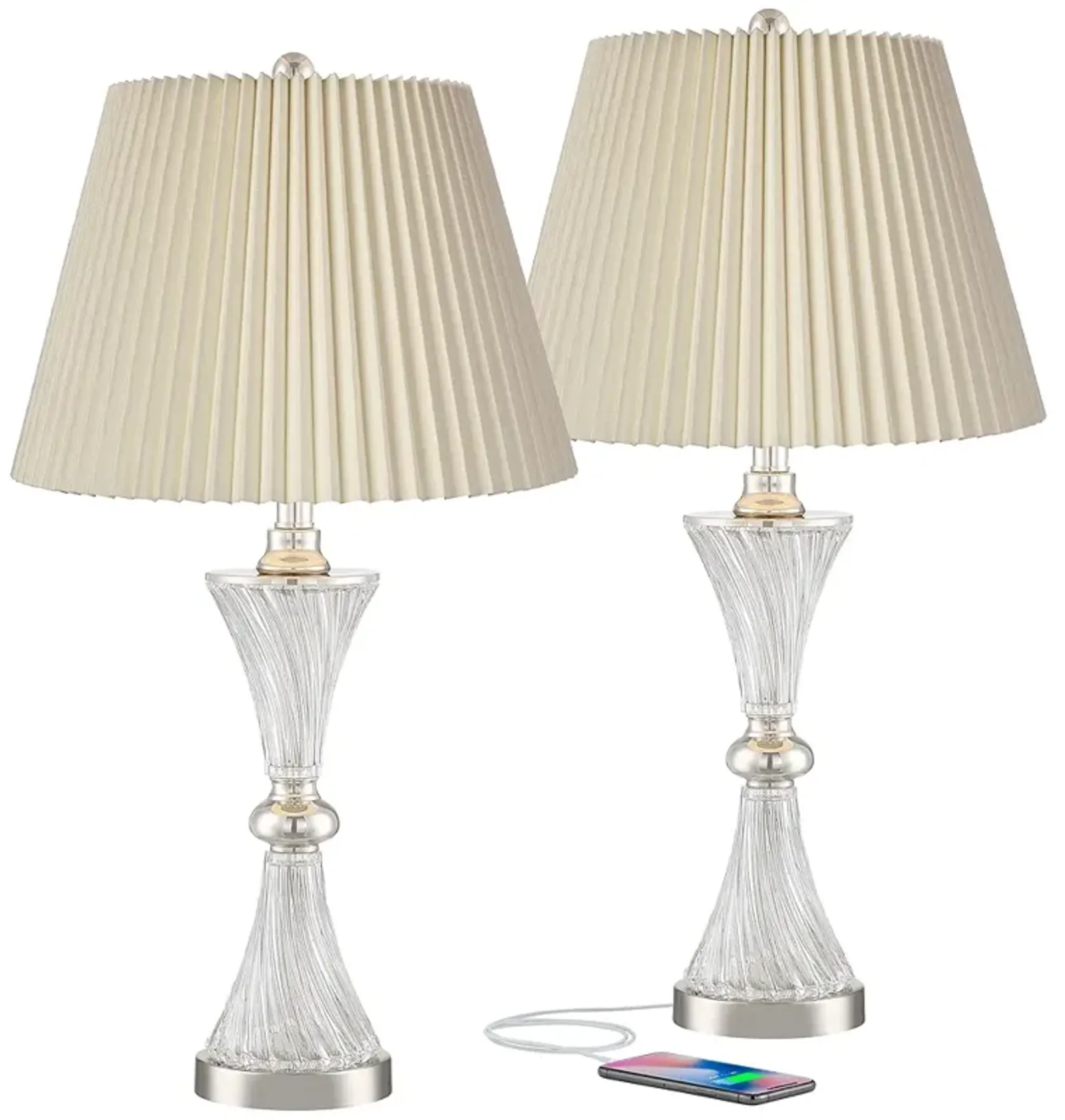 Luca Chrome and Glass USB Table Lamps with Ivory Pleat Shades Set of 2