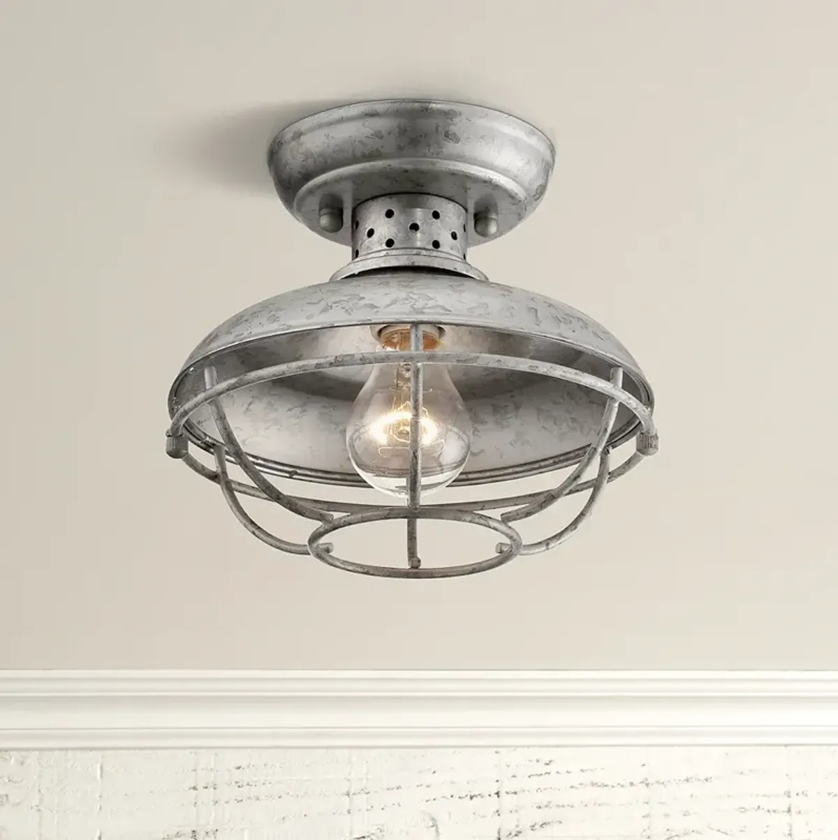 Franklin Iron Works Park 8 1/2" Galvanized Outdoor Cage Ceiling Light