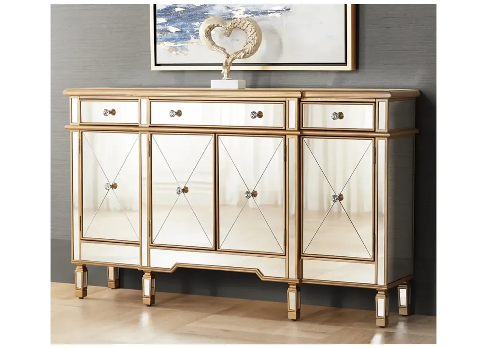 Bailey 60" Wide 4-Door Gold Mirrored Buffet Console