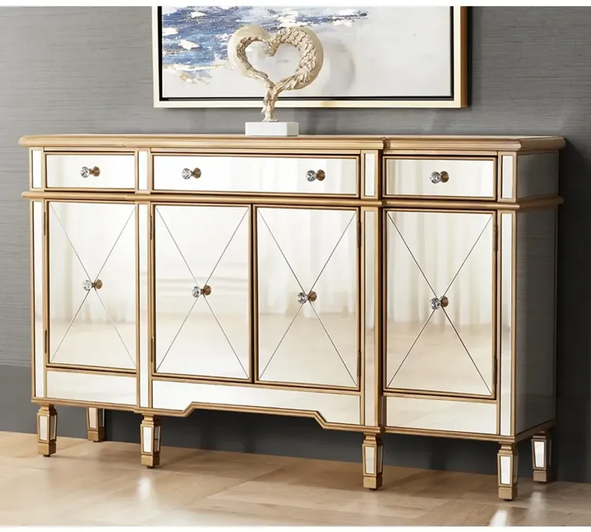 Bailey 60" Wide 4-Door Gold Mirrored Buffet Console