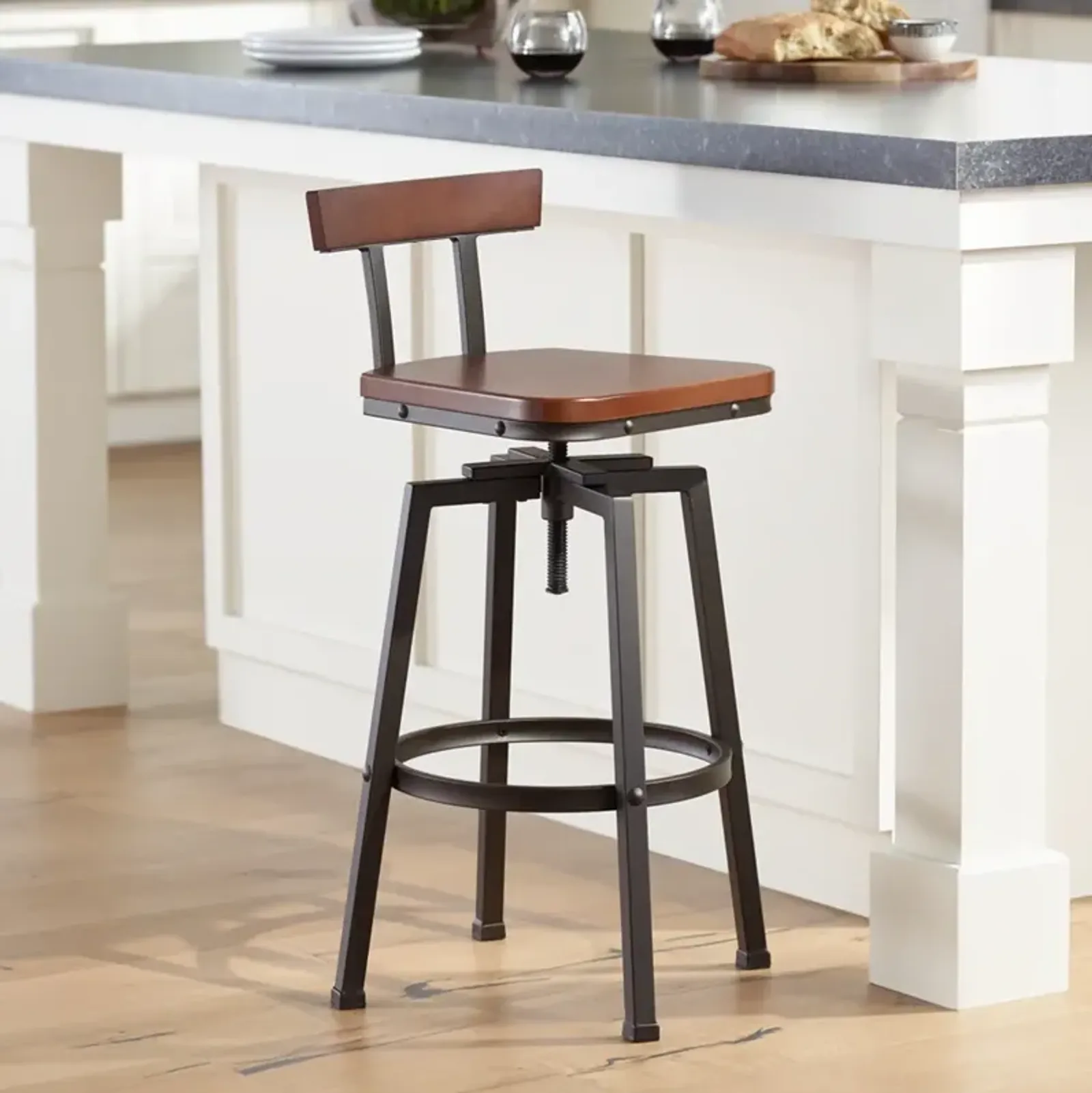 Roark Dark Wood and Bronze Adjustable Swivel Barstool