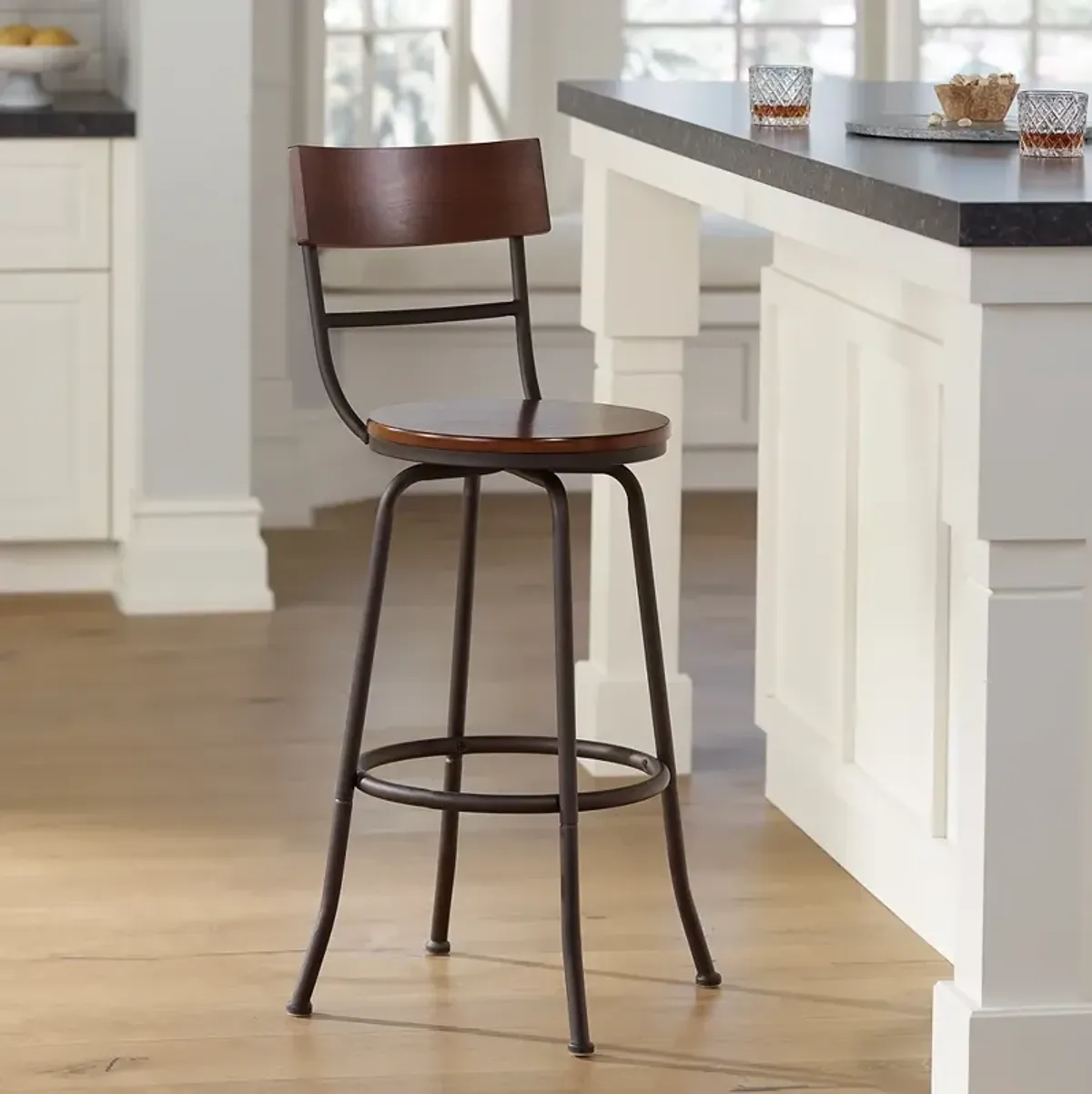 Elm Lane Langdon 29" Wood and Bronze Metal Swivel Bar Stool