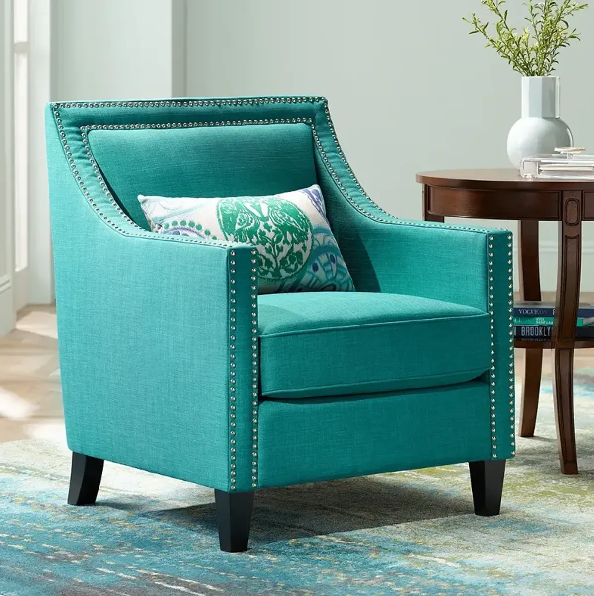 Flynn Teal and Nailhead Trim Upholstered Armchair