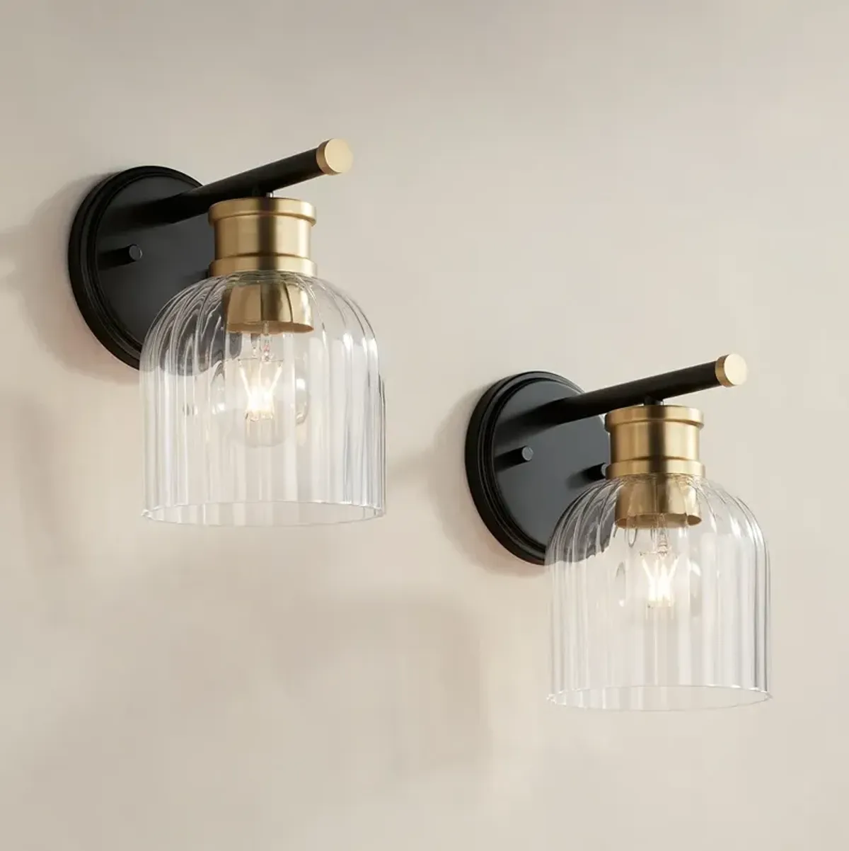 Stiffel Lana 9" High Black and Warm Brass Wall Sconce Set of 2