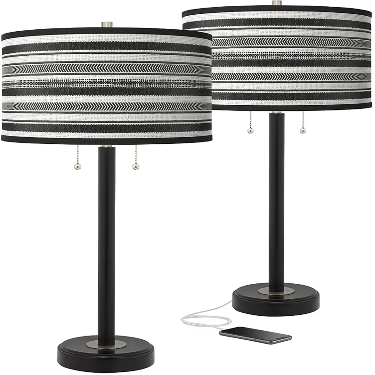 Giclee Glow Arturo 25" Stripes Noir Black USB Table Lamps Set of 2