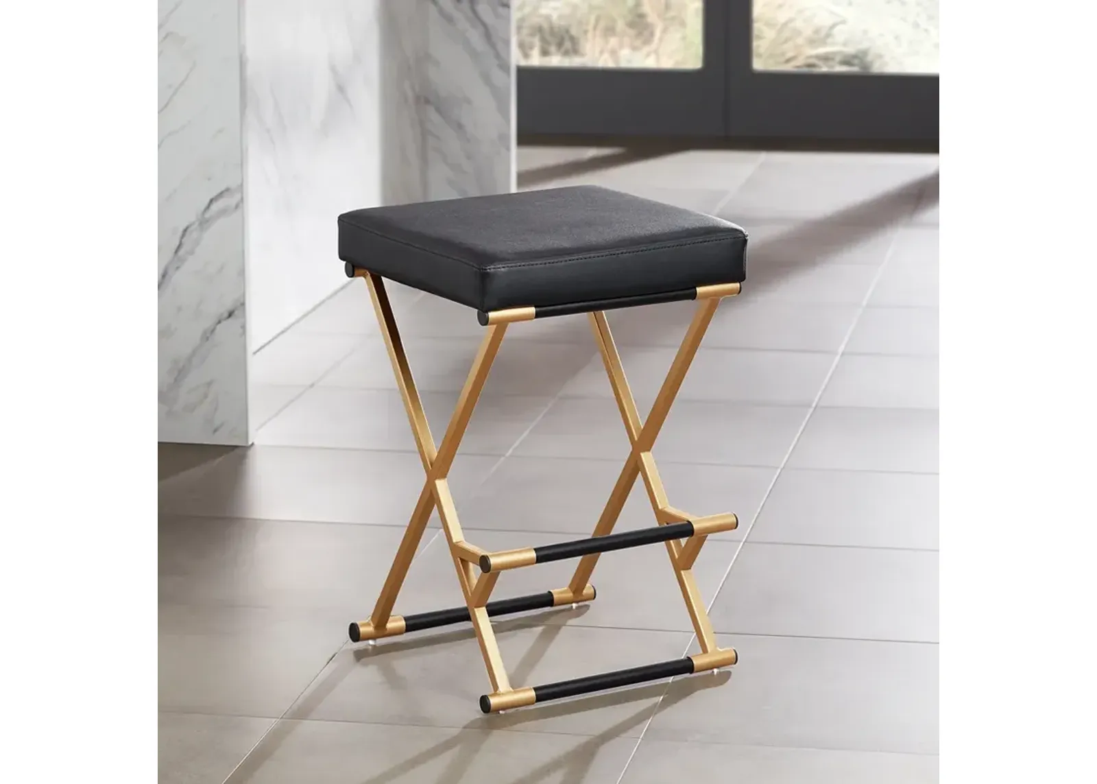 Carter 25" High Black Faux Leather and Gold Counter Stool