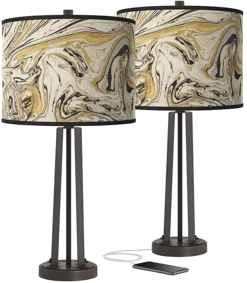 Venetian Marble Susan Dark Bronze USB Table Lamps Set of 2