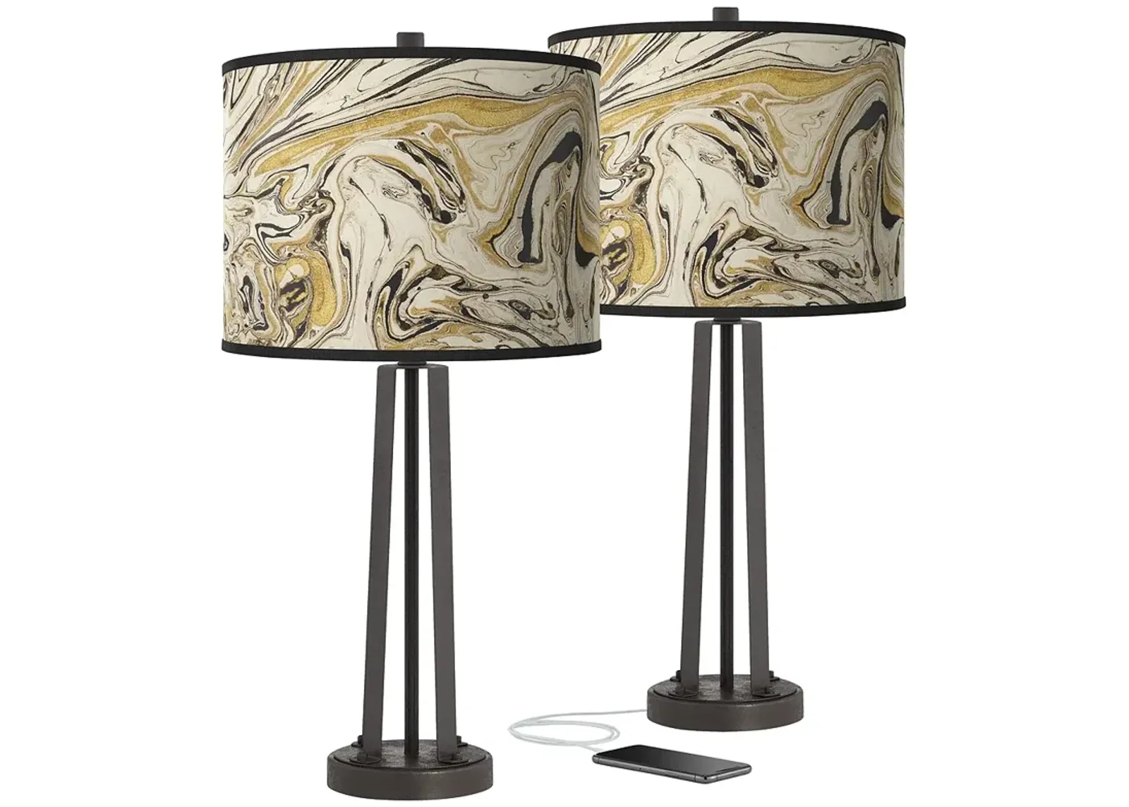 Venetian Marble Susan Dark Bronze USB Table Lamps Set of 2