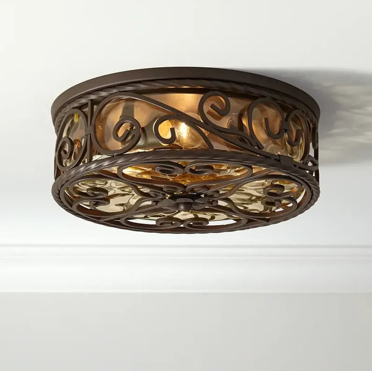 John Timberland Casa Seville 15" Walnut Scroll Ceiling Light