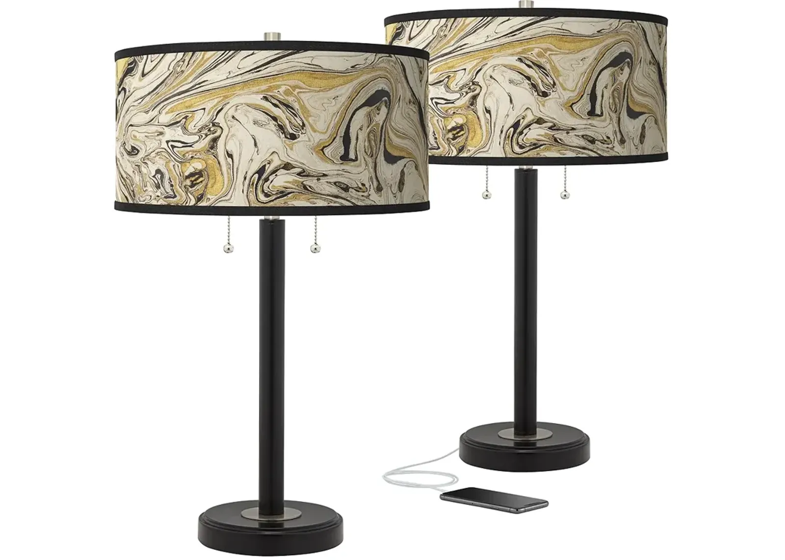 Venetian Marble Arturo Black Bronze USB Table Lamps Set of 2