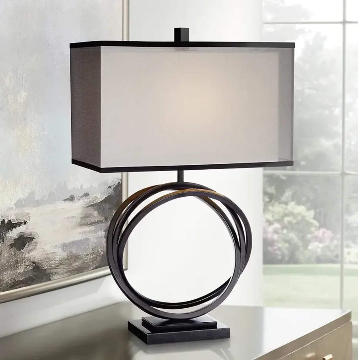 Possini Euro Stellar 28 1/4" Double Shade Black Ring Modern Table Lamp