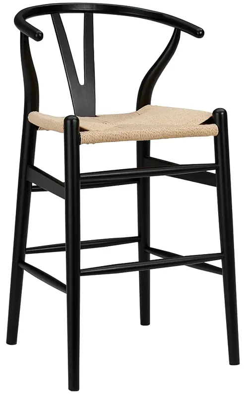 Evelina 26" Black Wood Counter Stool with Natural Rush Seat