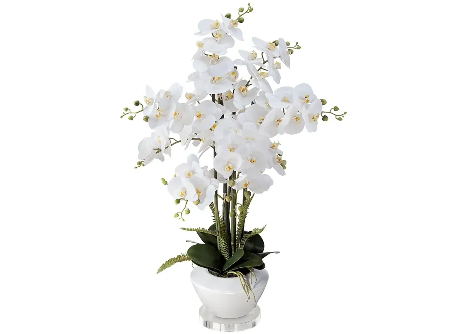 White Phalaenopsis Faux Orchid 29"H With 7" Round Acrylic Riser