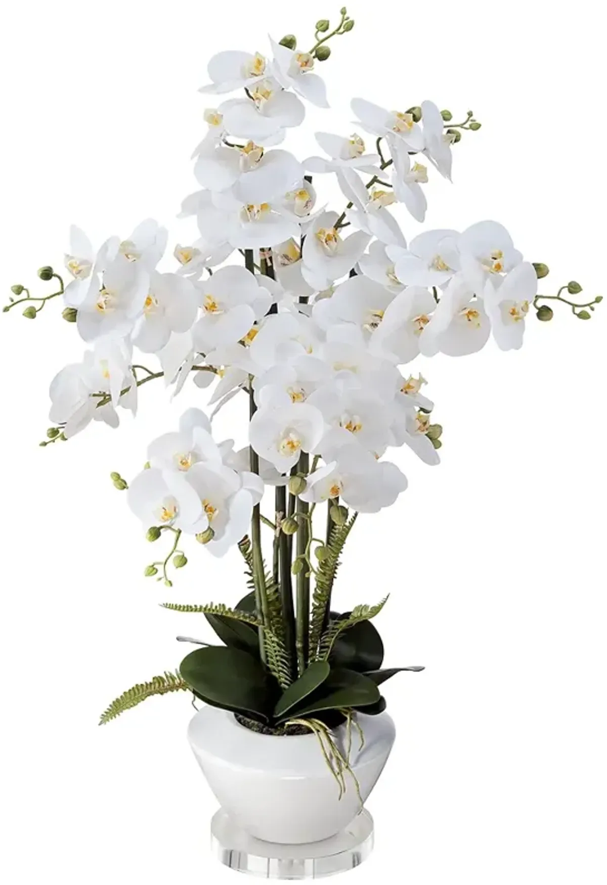 White Phalaenopsis Faux Orchid 29"H With 7" Round Acrylic Riser