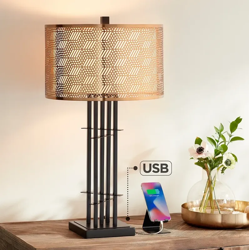 Possini Euro Deborah 30" Black and Gold Table Lamp with USB Ports