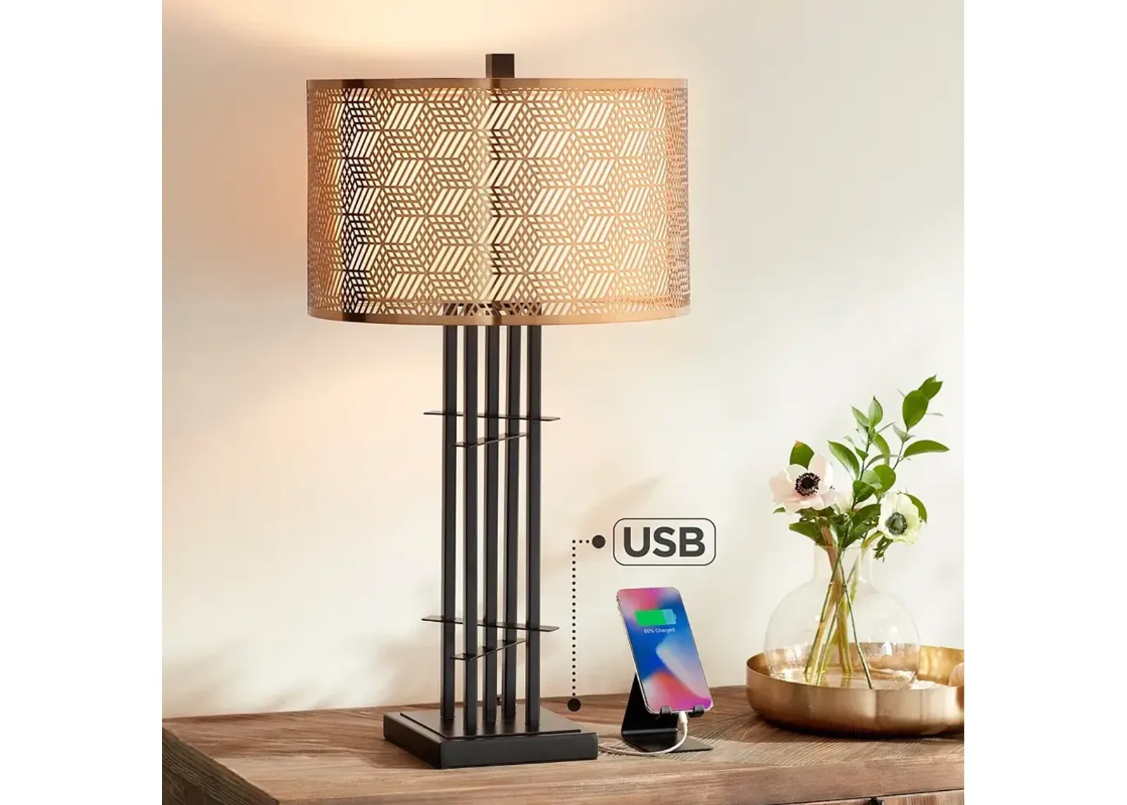 Possini Euro Deborah 30" Black and Gold Table Lamp with USB Ports