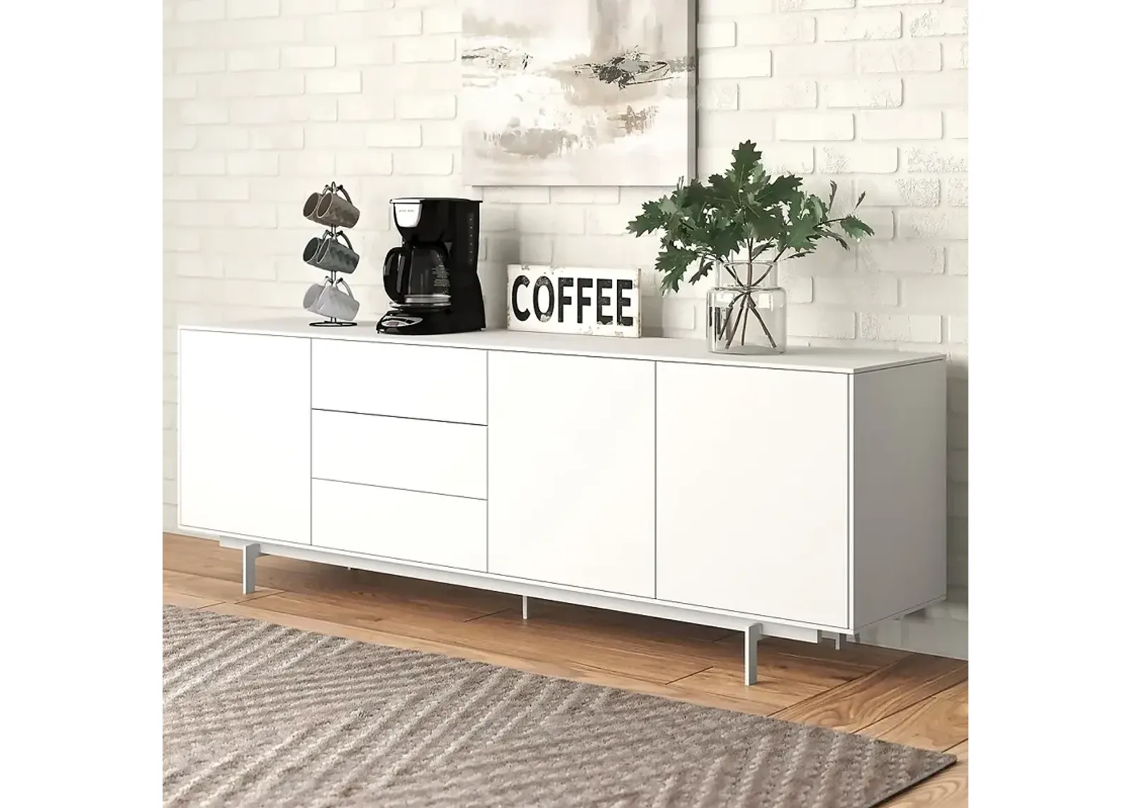 Birmingham 84" Wide White Wood 3-Door 3-Drawer Sideboard