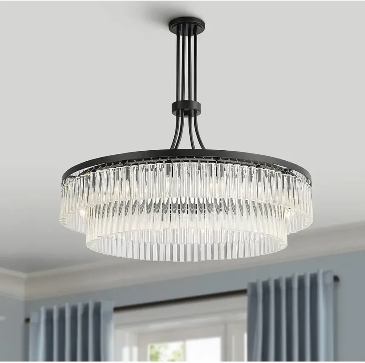 Stiffel Handry 38" Wide Black Glass Rod 16-Light Pendant