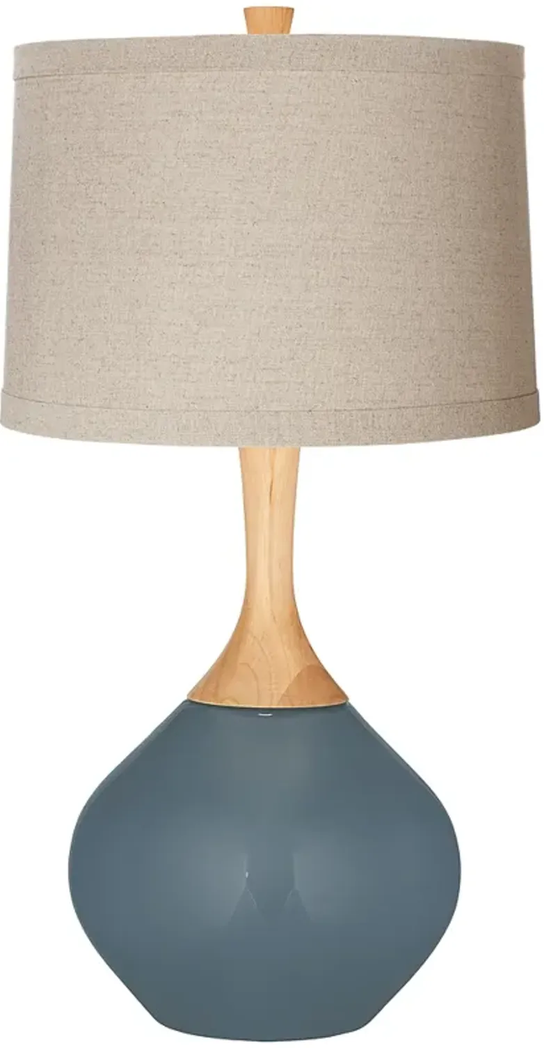 Smoky Blue Natural Linen Drum Shade Wexler Table Lamp