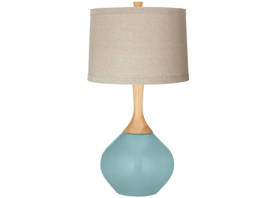 Raindrop Blue with Natural Linen Drum Shade Wexler Table Lamp