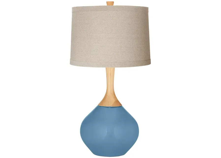 Secure Blue Natural Linen Drum Shade Wexler Table Lamp