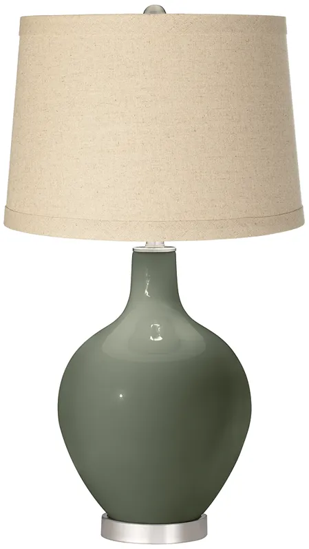 Deep Lichen Green Burlap Drum Shade Ovo Table Lamp