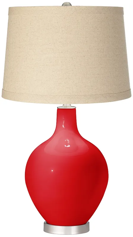 Bright Red Burlap Drum Shade Ovo Table Lamp