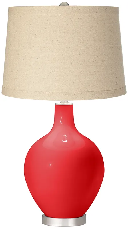 Poppy Red Burlap Drum Shade Ovo Table Lamp